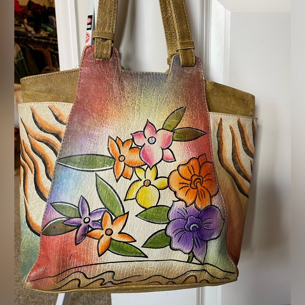 Great American Leather Works hand painted Genuine leather handbag Tote Hobo bag